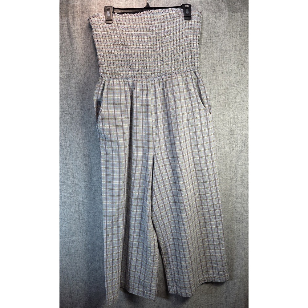 Strapless Jumpsuit Smocked Boho Blue Plaid Wide‎ Leg Beachy BCB Generation Large